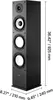 A black floor-standing speaker with dimensions indicated by text overlays. Produktbild-Vorschau