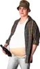 A man wearing a costume to simulate a large belly, holding a bottle of beer. Produktbild-Vorschau