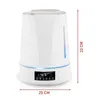 A white humidifier with a digital display and blue LED light strip, shown on a white background with dimensions indicated. Produktbild-Vorschau