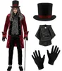Viktorianisches Vampir Kostüm für Herren in Rot-Schwarz mit Gehrock, Weste, Jabot, Zylinder und schwarzen Handschuhen. Náhled obrázku produktu