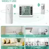 Collage showing a wireless thermometer and its usage in different rooms like kitchen, bedroom, living room, and office. Produktbild-Vorschau