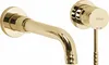 A gold-colored bathroom faucet set mounted on a white background. Podgląd zdjęcia produktu
