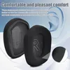 Close-up of two black ear cushions for headphones, with text describing their comfort. Voir les images du produit