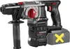A cordless rotary hammer drill is shown against a white background. A dashed outline highlights a battery pack with a yellow 'X' on it, indicating it is not included. Produktbild-Vorschau