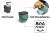 A collage of images showing a teal compost bin, a stack of two bins, and a person adding food scraps to a bin. Produktbild-Vorschau