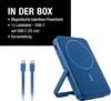 A blue magnetic power bank with a kickstand is shown next to two USB-C cables, with a black box in the upper left corner listing the contents of the package. Produktbild-Vorschau