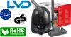 A vacuum cleaner with its packaging and various certification logos. Produktbild-Vorschau