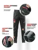 A pair of black pants with red accents, featuring close-up insets highlighting specific features like zippers and knee flex. Podgląd zdjęcia produktu