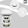 A close-up view of a white ceramic sink drain assembly with chrome and brass components, presented against a light gray and white background with abstract curved lines. Insets show top-down views of the drain stopper. Náhled obrázku produktu