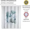 A shower curtain with a ginkgo leaf pattern, accompanied by marketing text and icons highlighting its hygienic properties. Produktbild-Vorschau