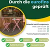 A pink bistro set (table and two chairs) is shown on a wooden deck, with a background of a building interior. The image is overlaid with text and icons indicating testing and usage scenarios. Produktbild-Vorschau