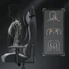 A diagram illustrating the ergonomic features of a gaming chair, showing a skeletal representation of a person and highlighted areas of support. Produktbild-Vorschau