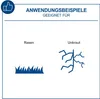 The image shows two icons representing applications for a product. One icon depicts grass, labeled 'Rasen' (Lawn), and the other depicts a root system, labeled 'Unkraut' (Weed). The title 'ANWENDUNGSBEISPIELE GEEIGNET FÜR' (Application Examples Suitable Fo Anteprima dell’immagine prodotto