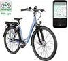 A light blue electric bicycle is shown with a smartphone displaying a navigation app next to it. A logo and text indicating a ride app are also present. Produktbild-Vorschau