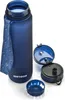 A dark blue water bottle with its lid and a strainer accessory shown separately on a white background. Produktbild-Vorschau