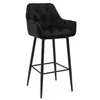 A black bar stool with a tufted seat and metal legs, shown against a white background.