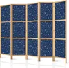 A six-panel room divider with a dark blue fabric featuring a white celestial pattern, framed by light wood. The divider is shown from a slightly angled front view, standing on a reflective white surface. Podgląd zdjęcia produktu