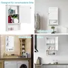 A collage of four images showing a white wall-mounted cabinet in different settings: a bathroom, a dressing room, a laundry room, and a kitchen. Náhled obrázku produktu