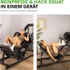 A split image showing a woman using a leg press and hack squat machine in two different positions. Produktbild-Vorschau