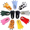 A collection of animal paw slippers in various colors and patterns, arranged on a white background. Produktbild-Vorschau