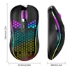 Two views of a black gaming mouse with colorful RGB lighting and honeycomb-shaped cutouts, with dimensions indicated by measurement lines. Produktbild-Vorschau