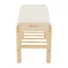 A front view of a wooden shoe bench with a white cushion. Podgląd zdjęcia produktu