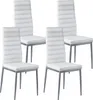 Four white dining chairs with silver metal legs are arranged on a white background. Podgląd zdjęcia produktu