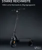 A black electric scooter is shown against a dark background with text overlays. Produktbild-Vorschau