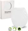 A white toilet seat is displayed next to its packaging, with three circular icons highlighting product features. Produktbild-Vorschau