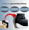 A marketing image showing a person sitting on a chair with a cushion, with text highlighting the benefits of the cushion for posture. Produktbild-Vorschau