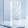 A clear, transparent phone case is displayed on a light gray surface against a light blue background. Produktbild-Vorschau
