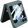 A green protective case for a Samsung Galaxy Z Flip 5 phone, shown open. Produktbild-Vorschau