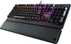A black Roccat gaming keyboard with RGB lighting and a wrist rest, shown from a diagonal angle against a white background. Produktbild-Vorschau
