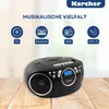 A black Karcher boombox is shown on a wooden surface, with icons and text above it highlighting its features. Produktbild-Vorschau