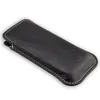 A black leather case for a phone, shown from a diagonal angle on a white background. Produktbild-Vorschau