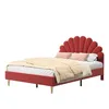 A red upholstered bed with a fan-shaped headboard, set against a white background. Produktbild-Vorschau