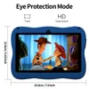 A blue tablet displaying characters from Toy Story, with marketing text and dimensions. Produktbild-Vorschau