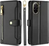 A collage of a black leather phone case with a zipper and card slots, a wrist strap, and the back of the case showing the camera cutout. Produktbild-Vorschau