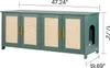 A green cabinet with rattan doors and gold handles, featuring dimensions indicated by measurement lines and numbers. Voir les images du produit