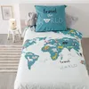A child's bed with bedding featuring a world map and animals, along with decorative items like a lamp and stuffed toys. Podgląd zdjęcia produktu
