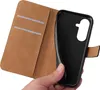 A hand holding a black phone case next to an open brown wallet-style phone case. Produktbild-Vorschau