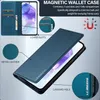 A product image showcasing a blue magnetic wallet case for a smartphone, with callouts highlighting its features. Anteprima dell’immagine prodotto