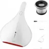 A white handheld vacuum cleaner and its accessories are displayed on a white background. Produktbild-Vorschau