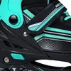 A close-up view of a black and teal inline skate, focusing on the buckle and strap. Produktbild-Vorschau