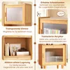 A collage of four images showcasing different features of a bamboo cabinet, including its transparent display, raised edges, open storage, and textured acrylic door. Produktbild-Vorschau