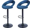 Two blue bar stools with black bases and stems, presented against a white background.
