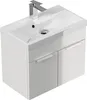 A white bathroom vanity with a sink and faucet. Produktbild-Vorschau