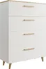 A close-up, front-facing view of a white dresser with wooden handles and legs. Produktbild-Vorschau