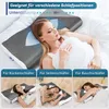 A collage showing a woman sleeping on an ergonomic pillow and three smaller images demonstrating the pillow's use for different sleeping positions. Produktbild-Vorschau