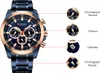 A detailed diagram of a men's wristwatch, highlighting its various functions and components with callouts and close-up views. Produktbild-Vorschau